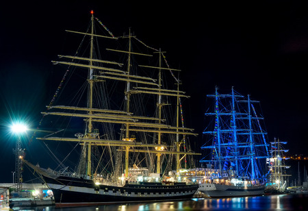 Tall ships by night in Varna's harbor , Bulgaria