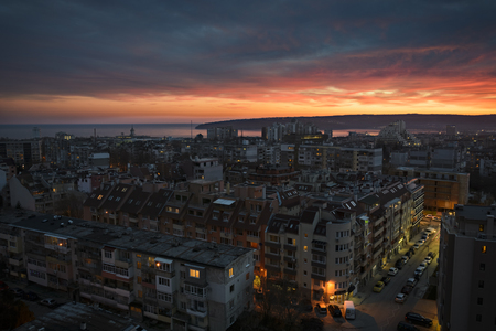 Sunset over the city of Varna ,Bulgariaの写真素材
