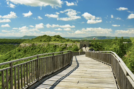 Wooden bridge of ancient fortress. Ovech Fortress, Provadia, Bulgariaのeditorial素材