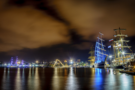 Sailing ship by night, Illumination on Sailing ship in the seaport of Varna, Bulgaria