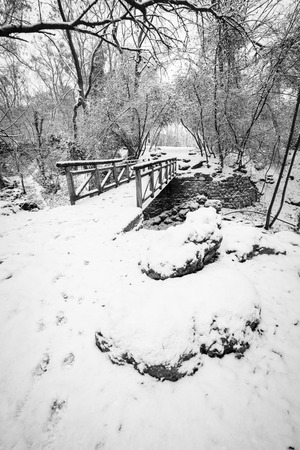 wooden bridge covered with snow, black and white, Varna, Bulgariaの写真素材