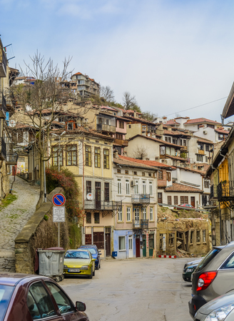 VELIKO TARNOVO, BULGARIA - APRIL 03, 2015:  Veliko Tarnovo old street with traditional houses. Veliko tarnovo is a very touristic placeのeditorial素材