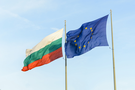 Bulgarian flag and european flag together floating on the wind