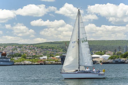 VARNA, BULGARIA , JUNE 02, 2018: Sailing regatta in the open sea. Sailing boat compete for the regatta Varna Channel Cup in Varna .のeditorial素材