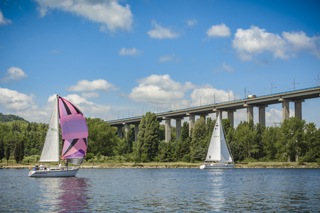 VARNA, BULGARIA , JUNE 02, 2018: Sailing regatta in the open sea. Sailing boat compete for the regatta Varna Channel Cup in Varna .のeditorial素材