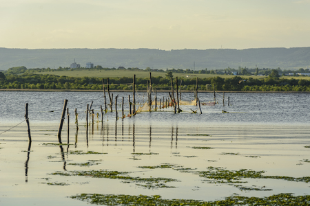 poles with fishing net on a lake, at sunsetの写真素材
