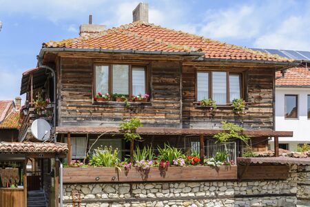 Typical wooden house in nessebar, Bulgaria. wood, old, traditional architecture.のeditorial素材