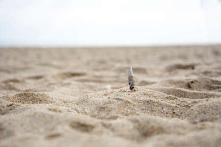 Cigarette butts thrown on a beach, trash and dirtyの写真素材