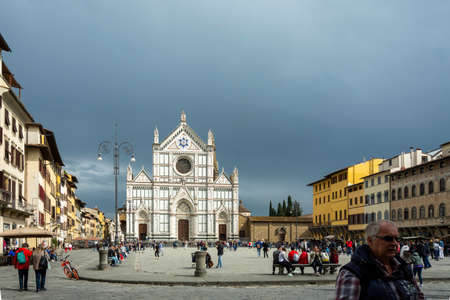 Firenze, Italy, April 26, 2019: Tourist walking in a commercial street in Firenze, Italy.のeditorial素材