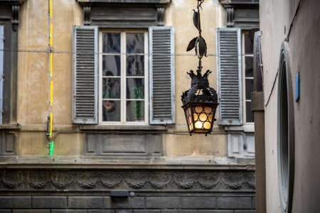 tree flags on a balcony, the italian flag, the firenze blazon ans European flag.の写真素材