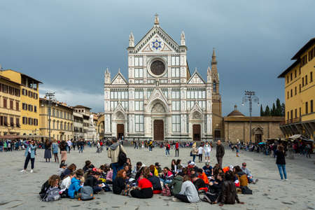 Firenze, Italy, April 26, 2019: Tourist walking in a commercial street in Firenze, Italy.のeditorial素材