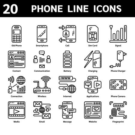 Phone of 20 Line icons set for UX,UI, media, application, website. Vector illustration included icons such as Smartphone, Sim Card, Signal, Contact, Connection, Wireless, Internet, Email, Fingerprintのイラスト素材