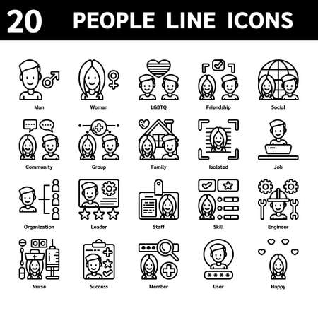 People Line icons  for UX,UI, media, application, website. Vector illustration included icons such as LGBTQ, Friendship, Family, Isolated, Job, Skill, Engineer, Nurse, Success, Member, User, Happyのイラスト素材