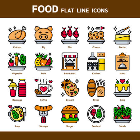 Food Flat Line icons for UX,UI, media, application, website. Vector illustration included icons such as Cheese, Restaurant, Kitchen, Menu, Coffee, Dessert, Bread, Cake, Soup, Burger, Seafood, Saladsのイラスト素材