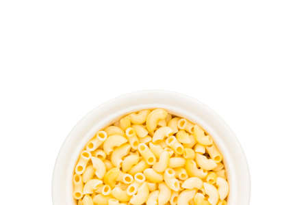 White bowl of tasty macaroni on white isolated background with soft drop shadow