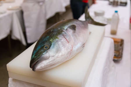 Fresh fish laying on cutting board before being cut to make sashimi and sushi dishesの写真素材