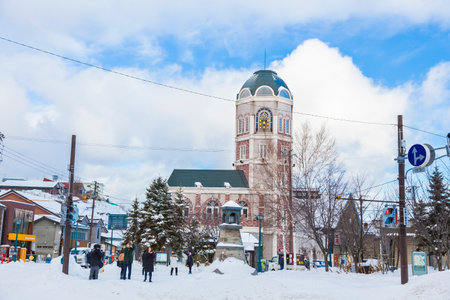 Otaru, Hokkaido, Japan - 30 December 2017 - Tao Clock Tower stands tall and gets ready to chime, one of the main tourist attraction, in Otaru, Hokkaido, Japan on December 30, 2017のeditorial素材