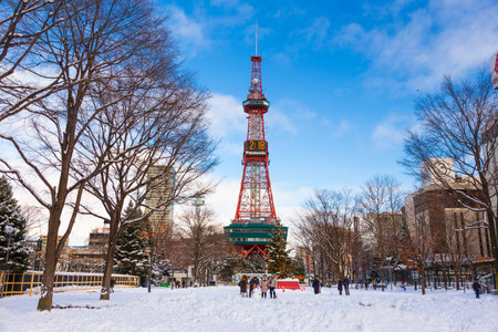Sapporo, Japan - 30 December 2017 - Sapporo TV tower, famous landmark for visitors around the world, stands tall against blue sky on a cold winter day of December 30, 2017 in Sapporo, Japanのeditorial素材