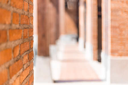 Red brick wall in foreground showing rough brick texture, with blurred hallway background, selective...