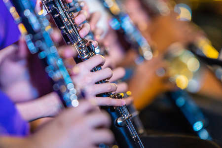 Female musician hands playing on clarinet, with blurred foreground and background