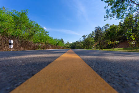 Low angle of middle of straight road with solid painted yellow road divider, bushes and trees on...