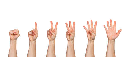 Five male hands raise up, in fist, one finger pointing up, two fingers pointing up, three fingers...