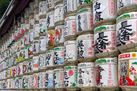Tokyo, Japan - 14 June 2015 - Sake barrels line up on display in front of the Meiji Shrine entrance in Tokyo, Japan on June 14, 2015のeditorial素材