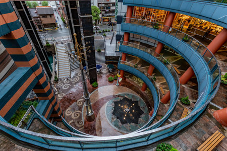 Fukuoka, Japan - 10 July 2019 - View inside of the Canal City Hakata shopping mall shows part of the mall building design on a rainy evening of July 10, 2019 in Fukuoka, Japanのeditorial素材
