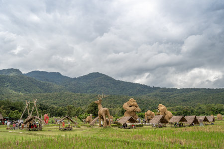 Chiang Mai, Thailand - 1 November 2020 - Tourists visit Huay Thung Tao's Straw Gorilla Scuptures area on November 1, 2020 in Chiang Mai, Thailandのeditorial素材