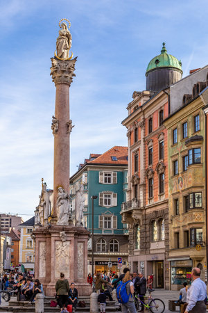 Innsbruck, Austria - 10 April 2015 - Beautiful buildings and structures of the famous Innsbruck old town against blue skyのeditorial素材