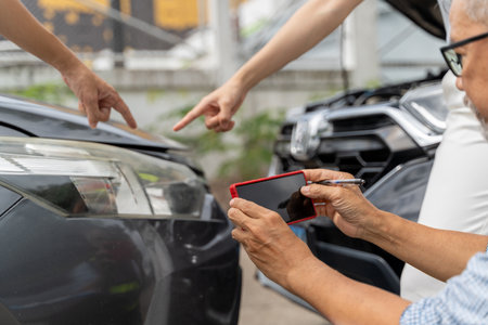 A male car insurance agent using his phone to take picture of the car scratch marks from the accident while the male and female car owners pointing them out for himの写真素材