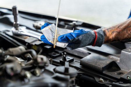Close up hands of a male car mechanic checking car oil with engine in backgroundの写真素材