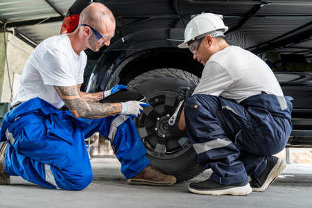 Two auto mechanics wearing safety goggles and blue jumpsuit, one mechanic working on a car tyre...
