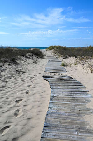 A wooden boardwalk curves across the sand leading to the waterの写真素材