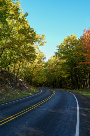 Horizontal image of early fall colors along an empty 2 lane road in Northern Michigan.の写真素材