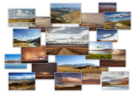 Collage of mountains travel photos in the center of the pictureの写真素材