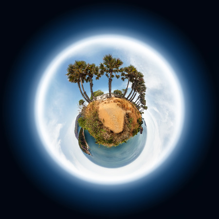 Little planet with palm trees, sea and tropical islandsの写真素材