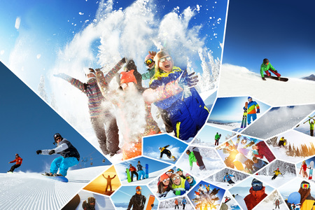 Big photo collage ski snowboarding winter sportsの写真素材