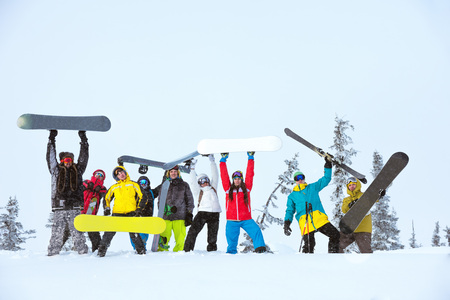 friends team group skiers snowboardersの写真素材