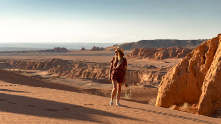 Beautiful girl stands in sunset Gobi desert and enjoys the viewの写真素材