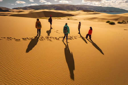 Diverse group of tourists are standing at sunset dunes. People and silhouettes against sandy dunesの写真素材