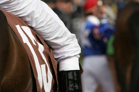 Close-Up Detail of Jockey on Thoroughbred in Walking Ring of Race Trackの写真素材