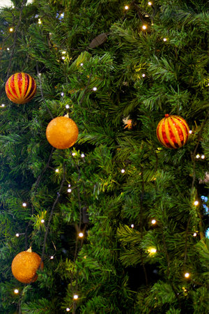 Close up of Christmas tree. Bokeh in the background. Selective focused. Defocusedの写真素材