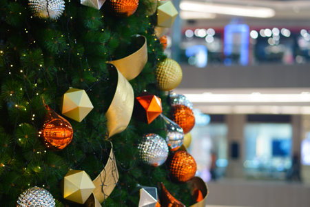 Close up of Christmas tree. Bokeh in the background. Selective focused. Defocusedの写真素材