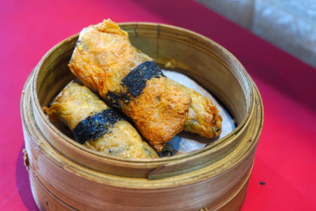 Yellow shrimp roll, Asian food. Dim sumの写真素材
