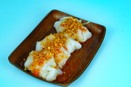 Choipan is a traditional snack from Pontianak, West Borneo. It is a savory snack made from a mixture of chopped bamboo shoots, minced shrimp, all wrapped in a thin, translucent rice flour wrapper.の写真素材