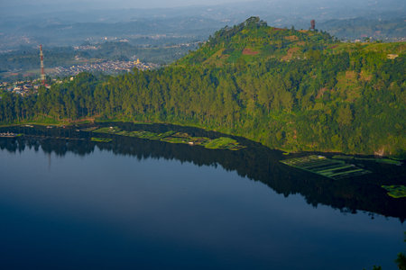 Telaga Menjer or Lake Menjer in Wonosobo, Central java, Indonesia. Taken from a hill above the lake.の写真素材