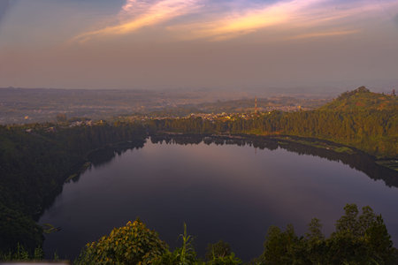 Telaga Menjer or Lake Menjer in Wonosobo, Central java, Indonesia. Taken from a hill above the lake.の写真素材