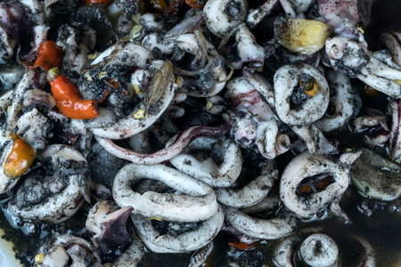 Delicious Indonesian dish consisting of stir-fried spicy squid in black ink sauce. Stir fried with a combination of aromatic spices. Food Photography.の写真素材