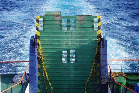 View of ramp door of a ferry sailing on the Sabang Ocean, Aceh, Indonesia. Taken from the ferry deck.の写真素材